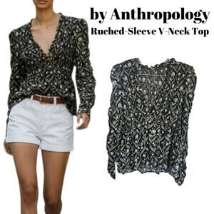 By Anthropologie Ruched-Sleeve V-Neck Top, Green, Size Large